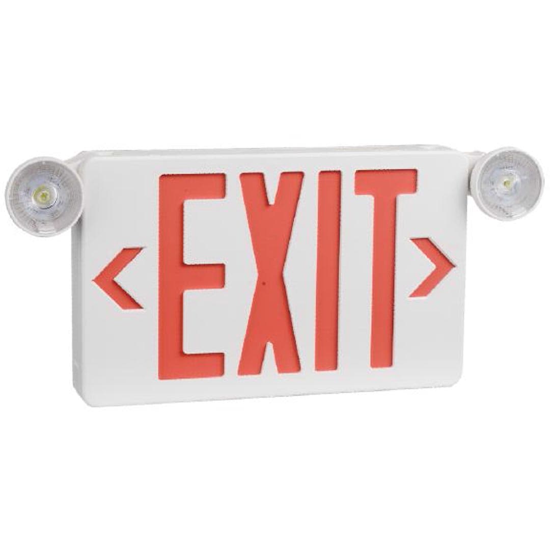 Combo Red LED Exit Sign, Adjustable Head Lights, >90min battery backup, UL Listed, 120/277VAC, Power consumption: 3.5W max, output: 4W max.