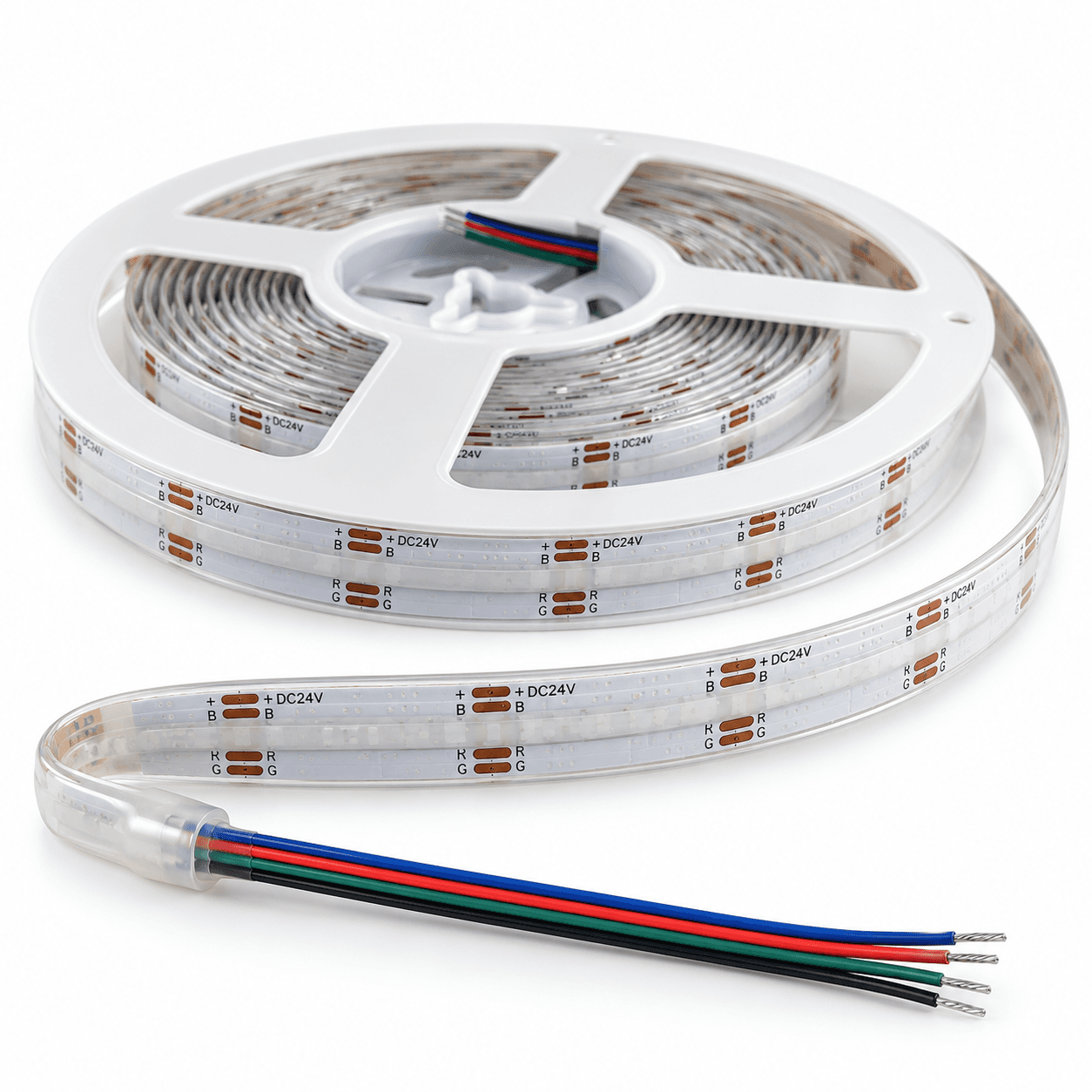 Tira de luz COB 840leds/m; DC24V; RGB; PCB 10MM; IP68(sellado silicona completa); transparencia, 14W/M; sin logo UL en PCB; paquete estándar; 10M por rollo; garantía 3 años, 25mm por corte