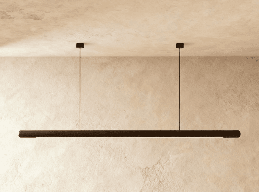 RS CHANDELIER Color: Black & Walnut Material: Wood, acrylic diffuser & aluminum joiner Dimensions: 87"Weight: 5lb Load: 36W