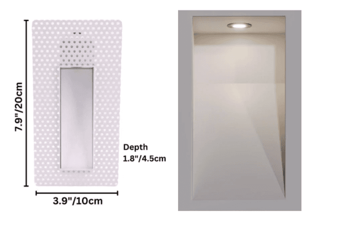 RS STAIR LIGHT RECTANGULAR STYLE. Color: White. Material: Stainless steel + Iron. Dimmensions:7.9 x 3.9 in -20 x 10 cm. 3CCT. 3W. 12V DC
