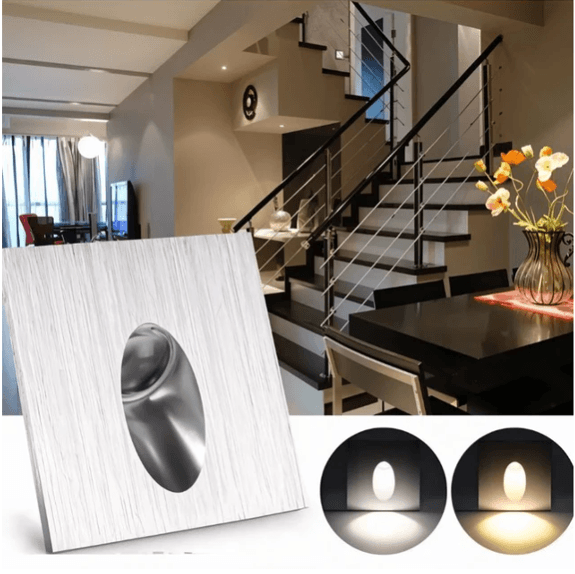 Square LED Step Light, 3 W, 100 lm, 3000 K, Silver Aluminum, IP20 Wall Mount