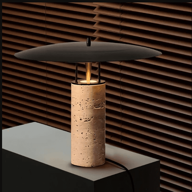 Pryvora Marble & Travertine Table Lamp — Black and Beige, 16.5" Dia.