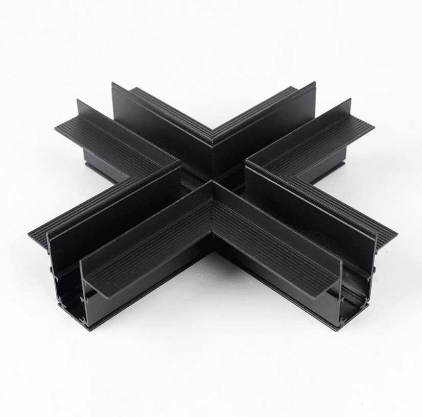 Magnetic Track Rail X Horizontal Corner Connector, Flush Mount, Black Aluminum