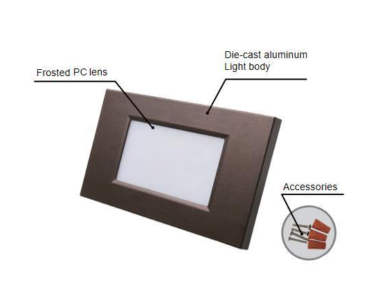 Flat Step Light , 3CCT: 3000K/4000K/5000K, 4.73"x2.88"x1.53",120Vac, 3.5watt, Triac dim 10-100%, Die-cast aluminum, IP65, 5 Year warranty, cETLus FCC ROHS