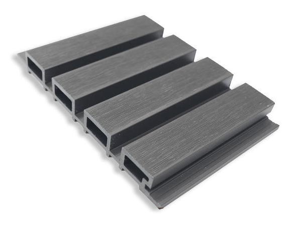 Exterior Slatted Wood Composite Panel Color Light Gray Waterproof Fire Retardant Zero Maintenance Dim 114x9x1 Inch