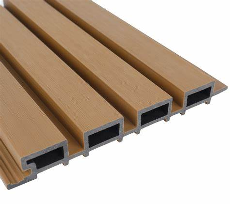 Exterior Slatted Wood Composite Panel Color Teak Light Brown Waterproof Fire Retardant Zero Maintenance Dim 114x9x1 Inch