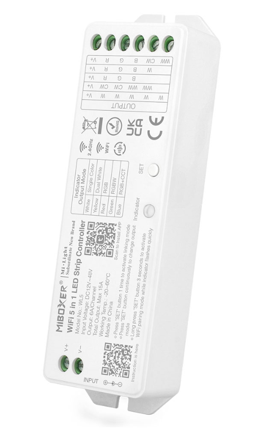 5-in-1 LED Strip Controller, WiFi + 2.4G RF, DC 12–48V, 15A, RGBCCT