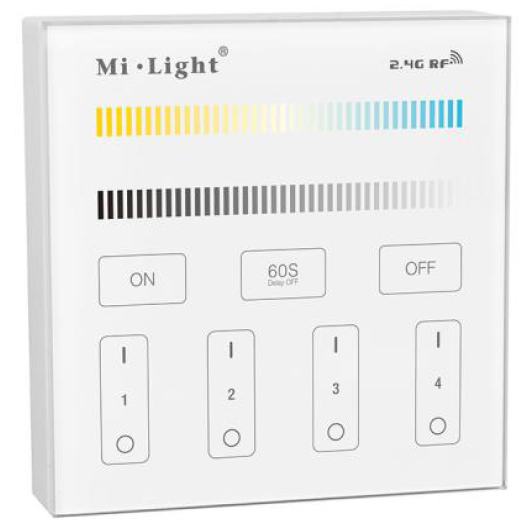 RF Touch Wall Remote, 2-Channel 4-Zone Battery-Powered, 2.4GHz Wireless