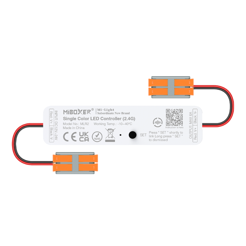 Mini Single Color LED Controller with Bare male and female Connectors Input DC12V-24V Output Power 144W Output Current Max 6A Output Type Constant Voltage Control Signal 2.4 GHz RF Control Distance 30m IP20 Working Temp -10 C to 40 C Dim 76x19x8.8 mm C