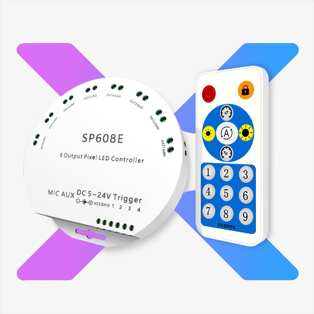 SPI Controller DC5V-24V 50mA APP+RF Remote+Buttons 8*600pixels IP30, SP608E