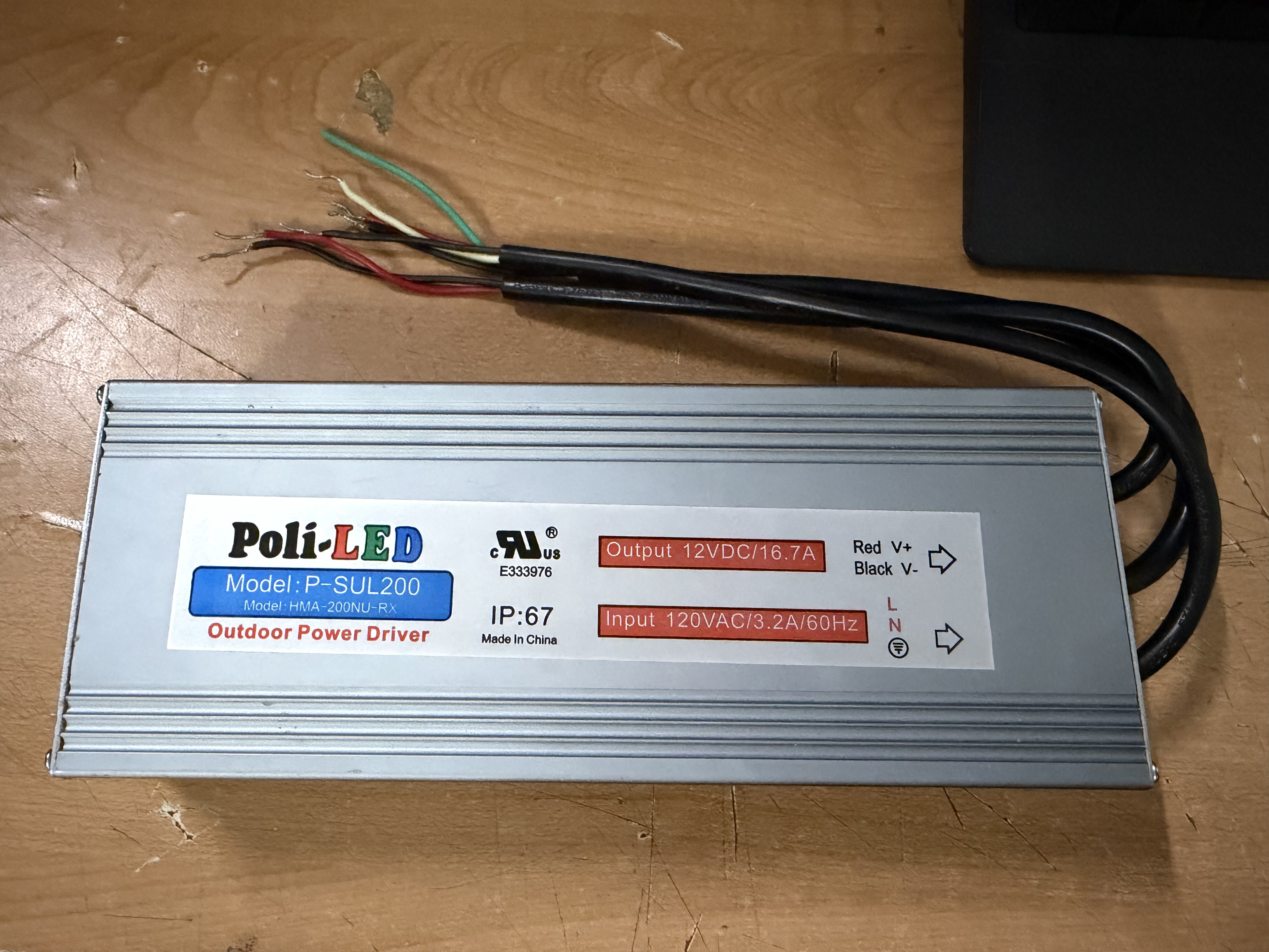 200W 12VDC Waterproof LED Power Supply, IP67, UL Listed, 100–130VAC Input
